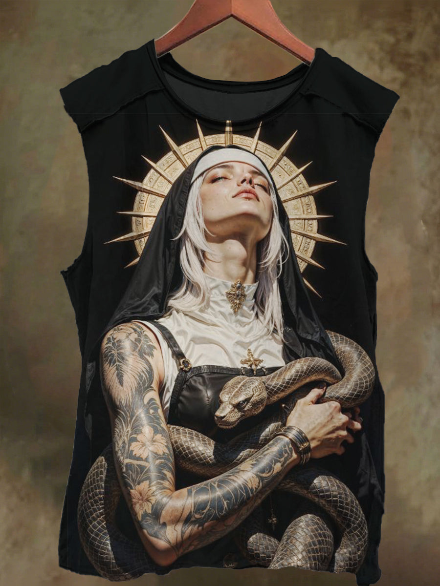Unisex Nun and Snake Print Casual Cotton Tank Top