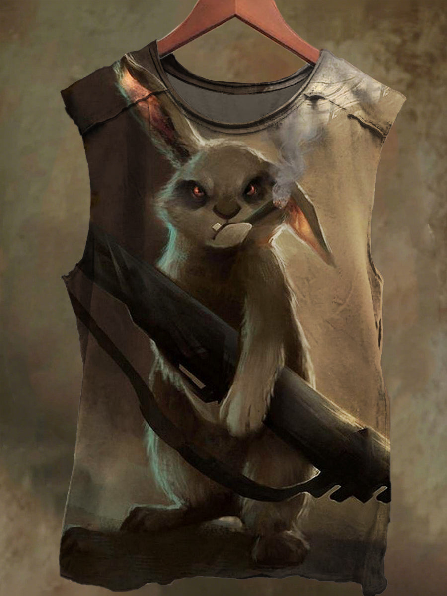 Unisex Smoking Bunny Print Casual Cotton Tank Top