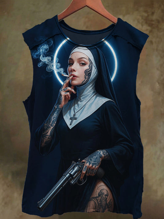 Unisex Dreamy Smoking Nun Art Print Casual Cotton Tank Top