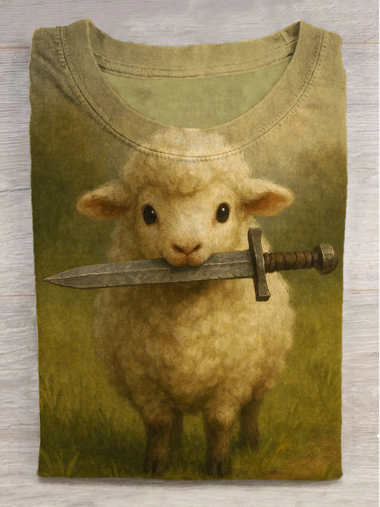Fantasy Lamb and Sword Print Round Neck Short Sleeve T-Shirt