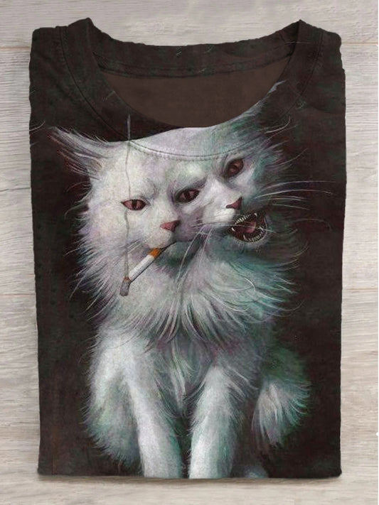 Fantasy Two-Headed Smoking Cat Print Round Neck Short Sleeve T-Shirt