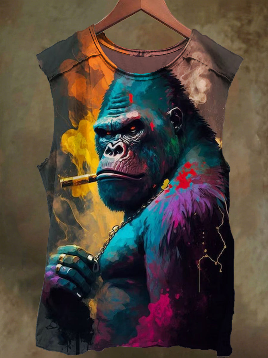 Unisex Fantasy Smoking Gorilla Print Casual Cotton Tank Top