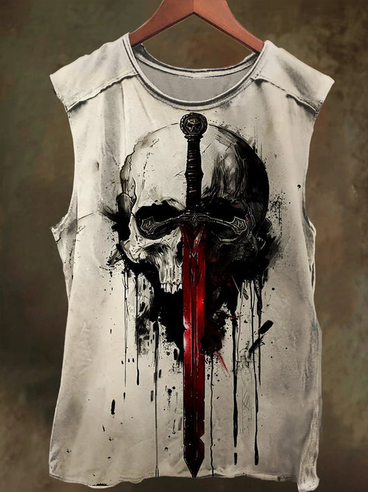 Unisex Dark Skull and Sword Print Casual Cotton Tank Top