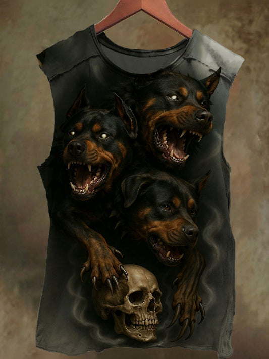 Unisex Three Headed Dog Skull Print Casual Cotton Tank Top