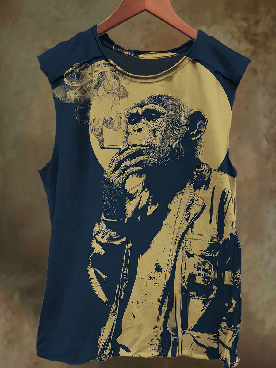 Unisex Smoking Monkey Print Casual Cotton Tank Top