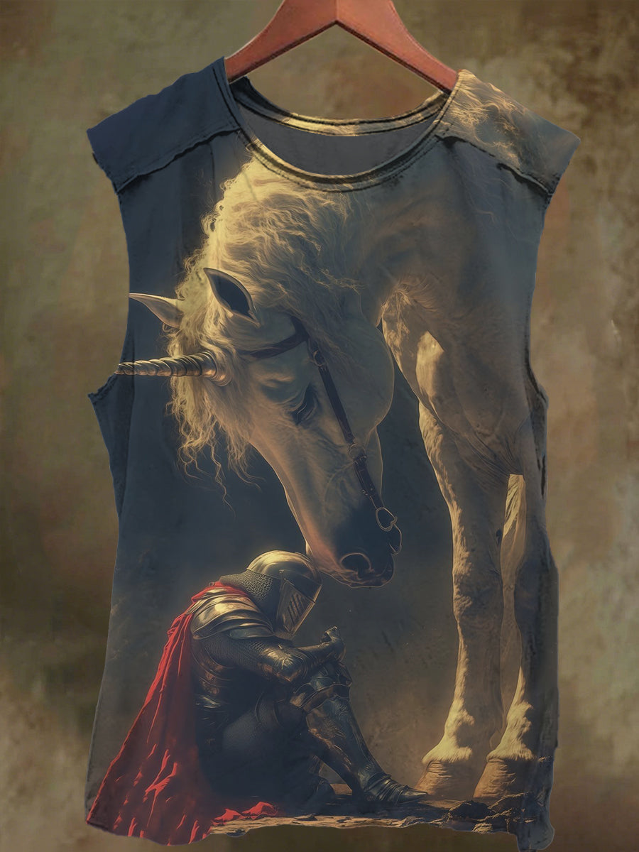 Unisex Fantasy White Horse and Knight Print Casual Cotton Tank Top