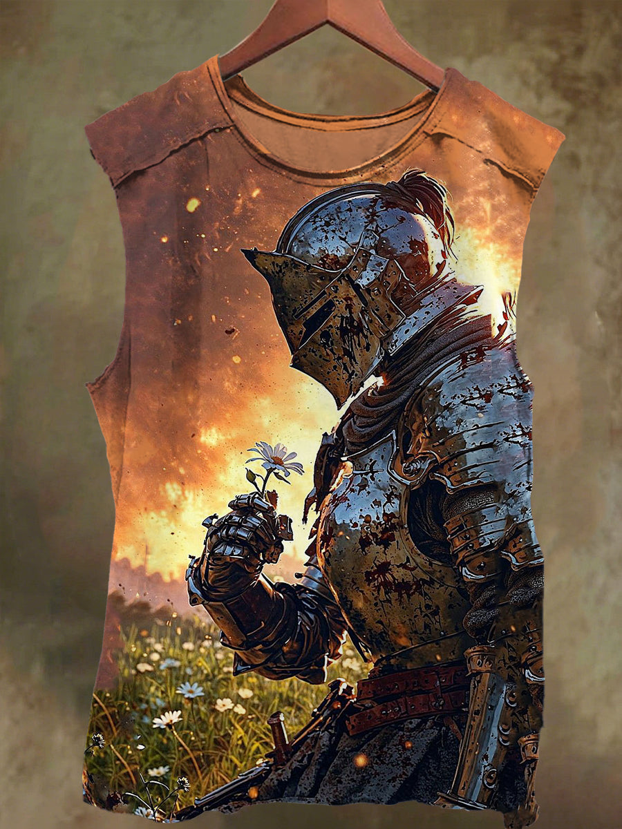 Unisex Knight in Light Floral Print Casual Cotton Tank Top