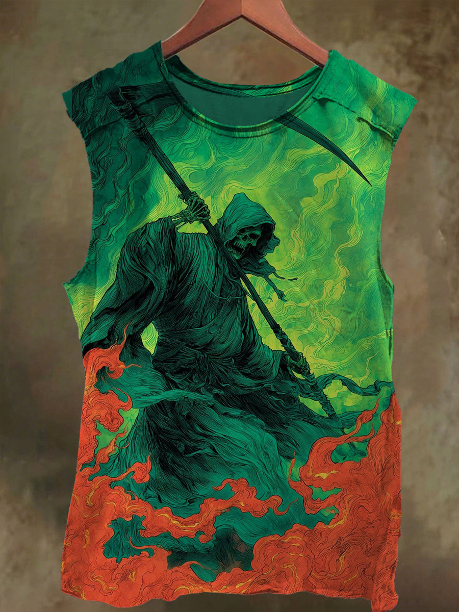 Unisex Ghost Scythe and Skull Print Casual Cotton Tank Top