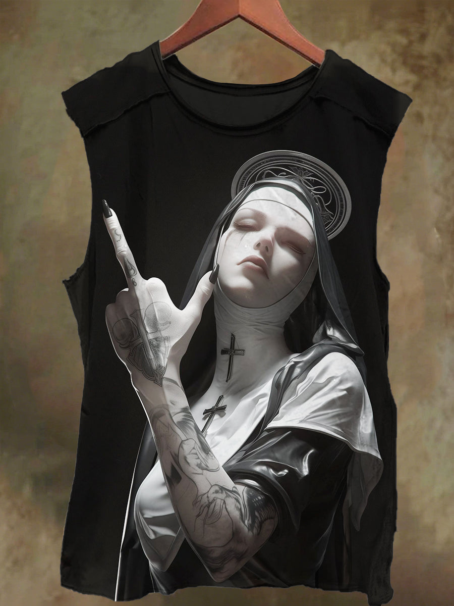 Unisex Vertical Middle Finger Nun Print Casual Cotton Tank Top