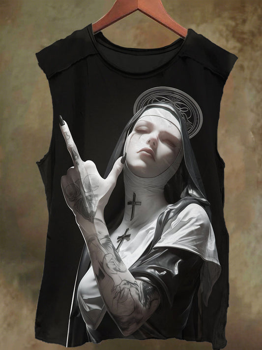 Unisex Vertical Middle Finger Nun Print Casual Cotton Tank Top