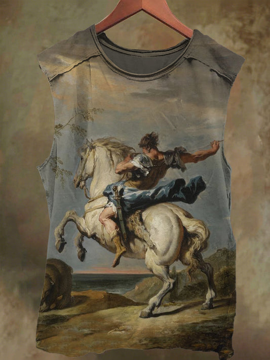 Unisex Rider on Horseback Print Casual Cotton Vest