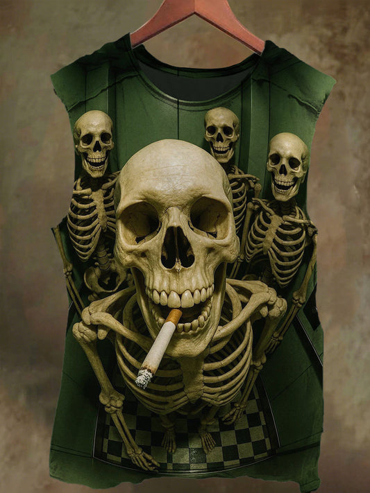 Unisex Elevator Smoking Skull Print Casual Cotton Tank Top