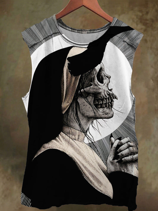 Unisex Devil Skull Nun Print Casual Cotton Tank Top