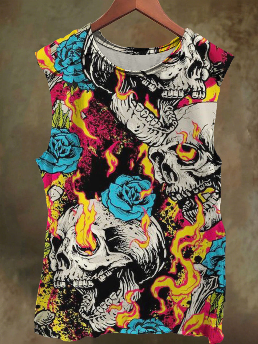 Unisex Fantasy Rose and Skull Print Casual Cotton Tank Top