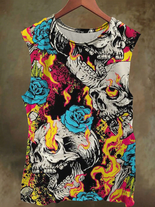 Unisex Fantasy Rose and Skull Print Casual Cotton Tank Top