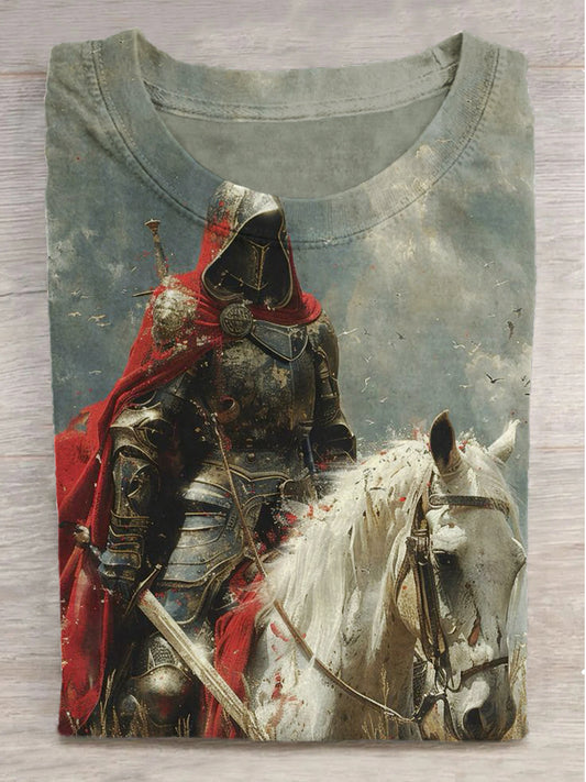 Knight on White Horse Printed Round Neck Short Sleeve T-Shirt