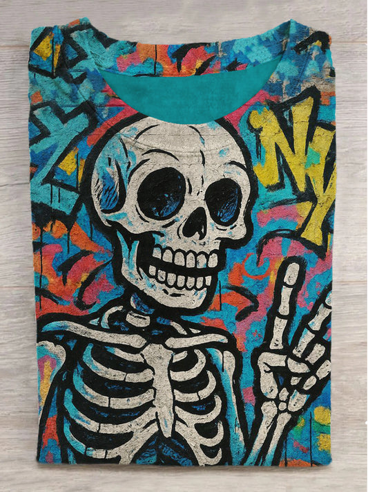 Colorful Graffiti Skull Print Round Neck Short Sleeve T-Shirt