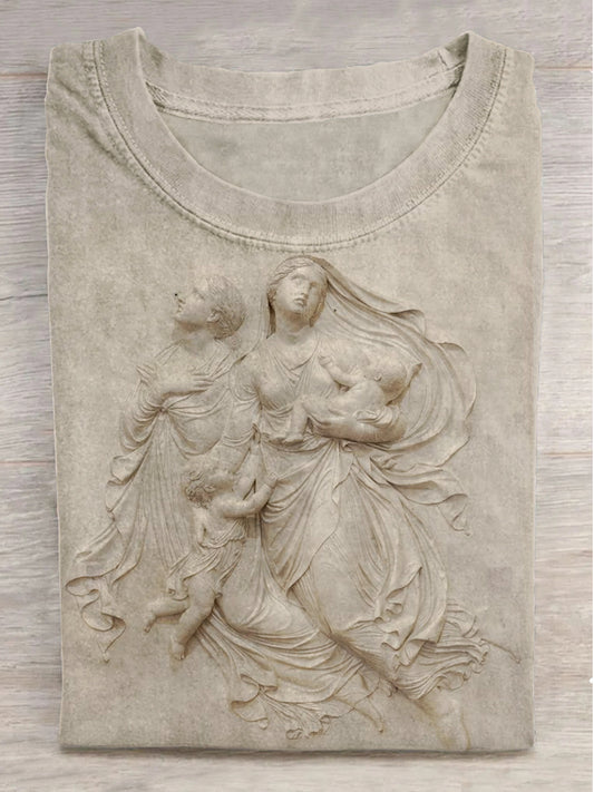 Cross Goddess and Baby Print Round Neck Short Sleeve T-Shirt