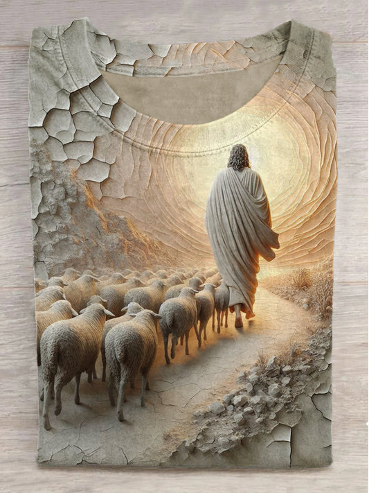 Embossed Jesus and Lamb Print Crew Neck Short Sleeve T-Shirt