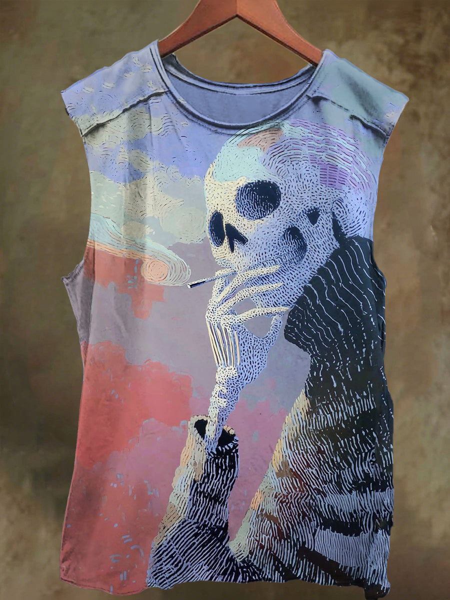 Unisex Smoking Skull Print Casual Cotton Tank Top