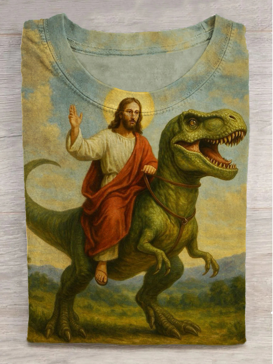 Dinosaur and Jesus Print Round Neck Short Sleeve T-Shirt