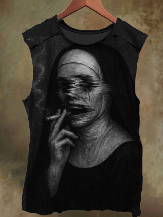 Unisex Dark Smoking Nun Print Casual Cotton Tank Top