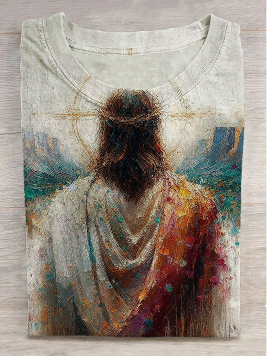 Jesus Back Print Round Neck Short Sleeve T-Shirt