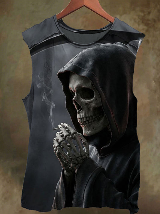 Unisex Sickle Smoking Skull Print Casual Cotton Tank Top