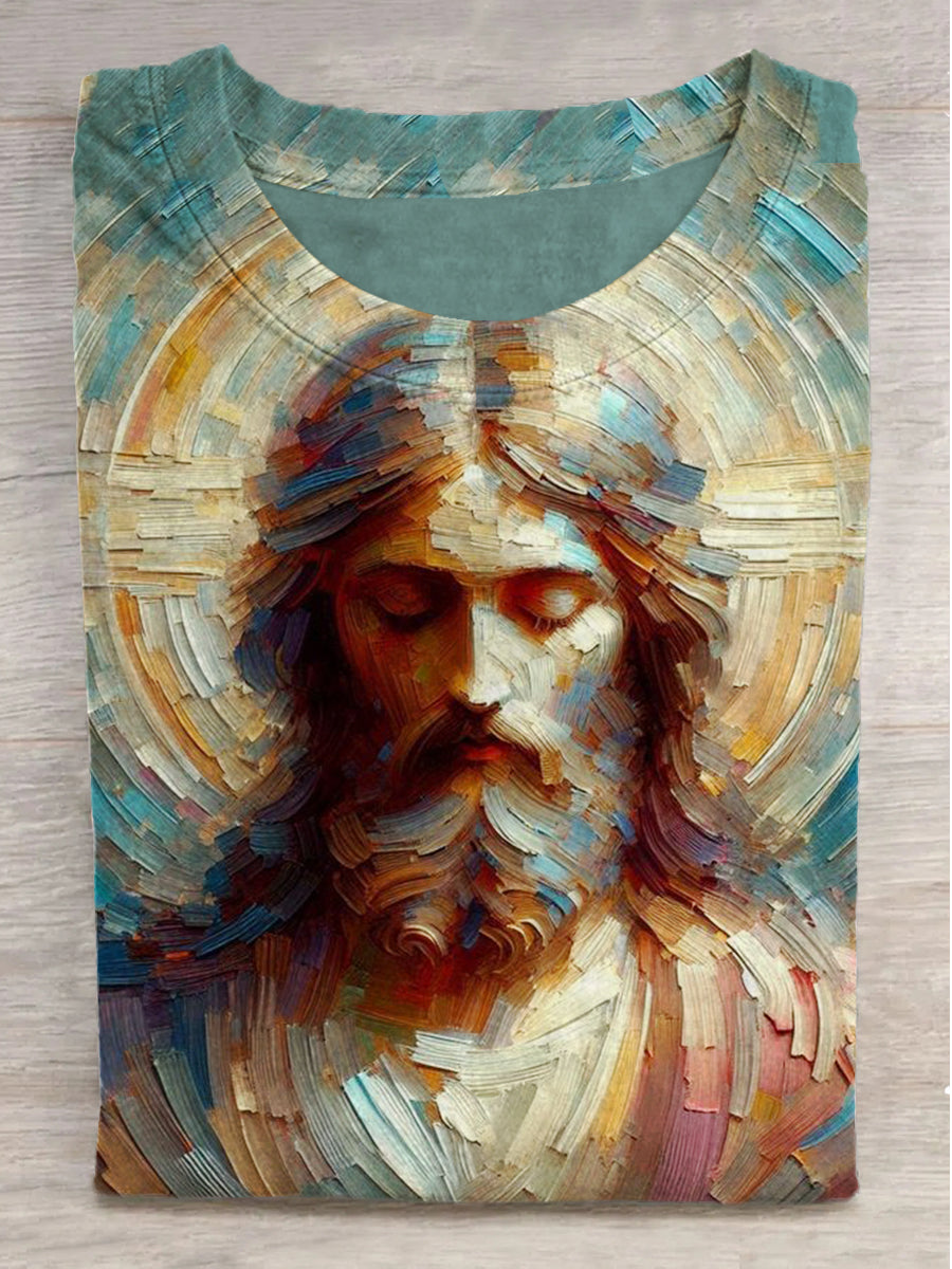 Oil Painting Jesus Graffiti Print Round Neck Short Sleeve T-Shirt