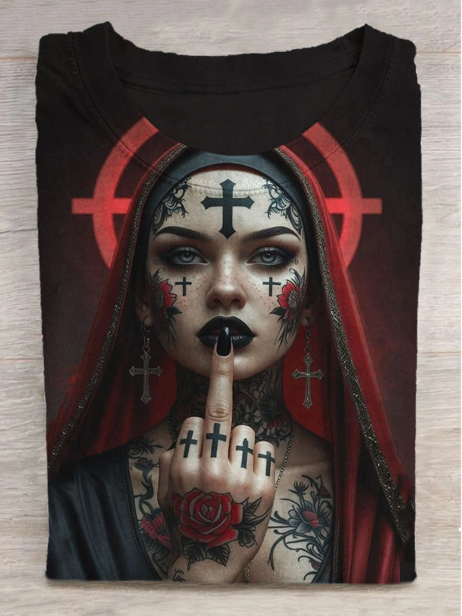 Middle Finger Nun Printed Crew Neck Short Sleeve T-Shirt
