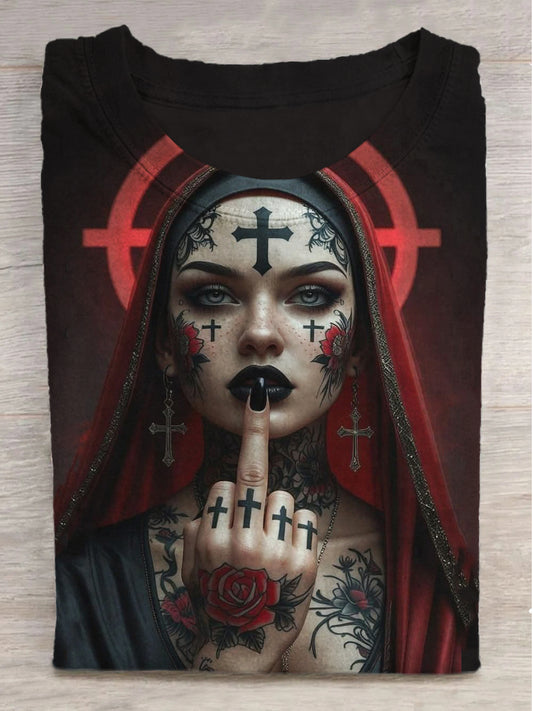 Middle Finger Nun Printed Crew Neck Short Sleeve T-Shirt