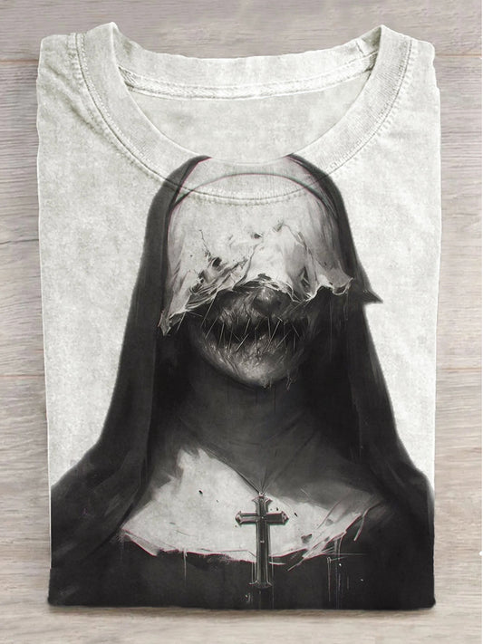 Dark Nun Print Round Neck Short Sleeve T-Shirt