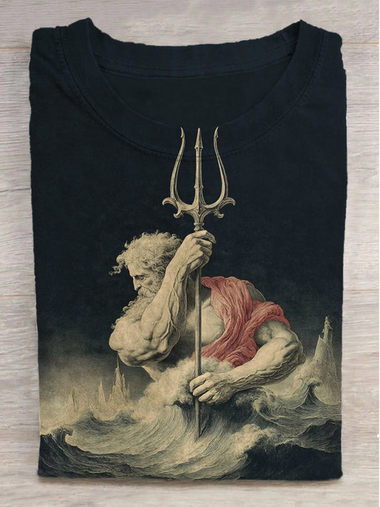 Poseidon Printed Round Neck Short Sleeve T-Shirt