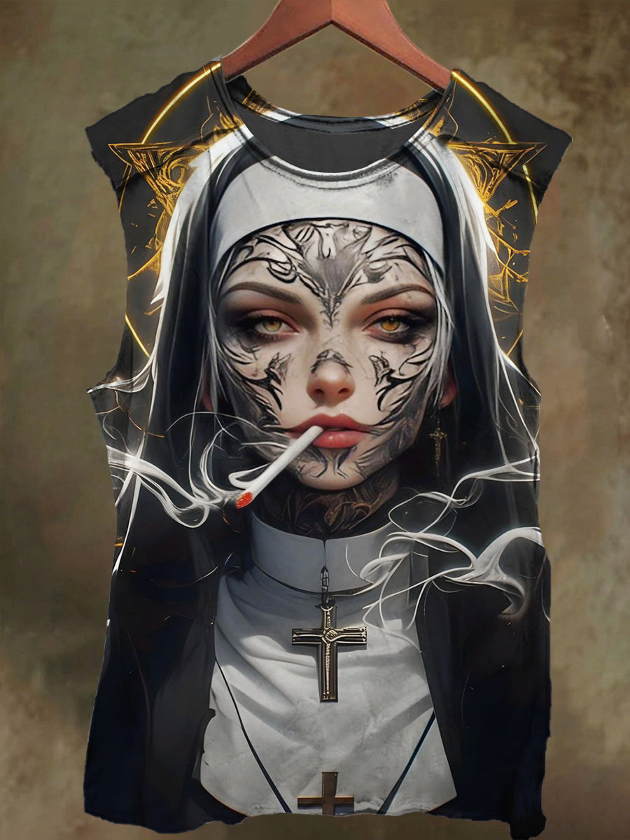 Unisex Smoking Nun Print Casual Cotton Tank Top