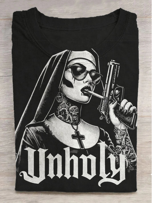 Dark Cobra Nun Printed Round Neck Short Sleeve T-Shirt