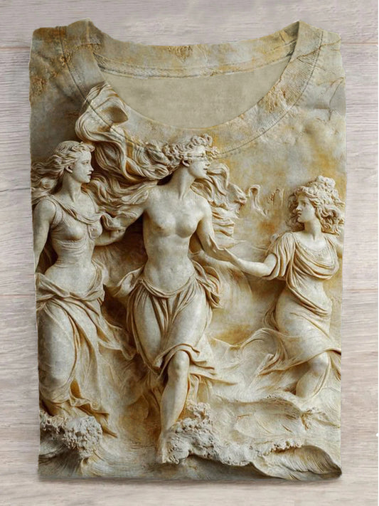 Aphrodite and Troy Print Round Neck Short Sleeve T-Shirt