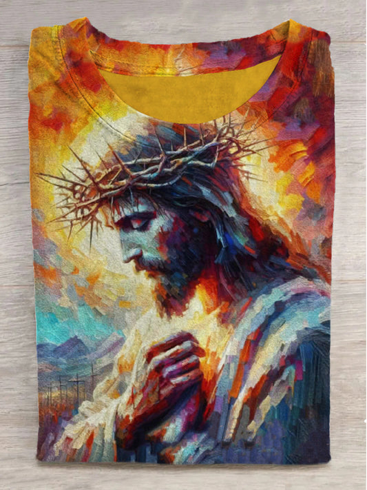 Jesus in the Light Graffiti Print Round Neck Short Sleeve T-Shirt