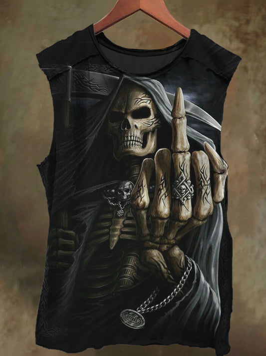 Unisex vertical middle finger skull print casual cotton tank top