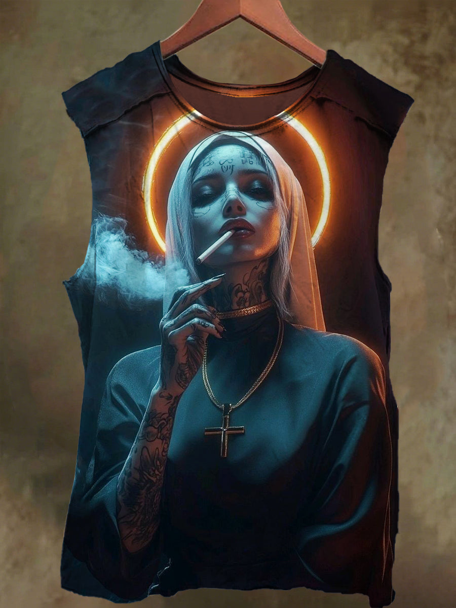 Unisex Smoking Nun Print Casual Cotton Tank Top