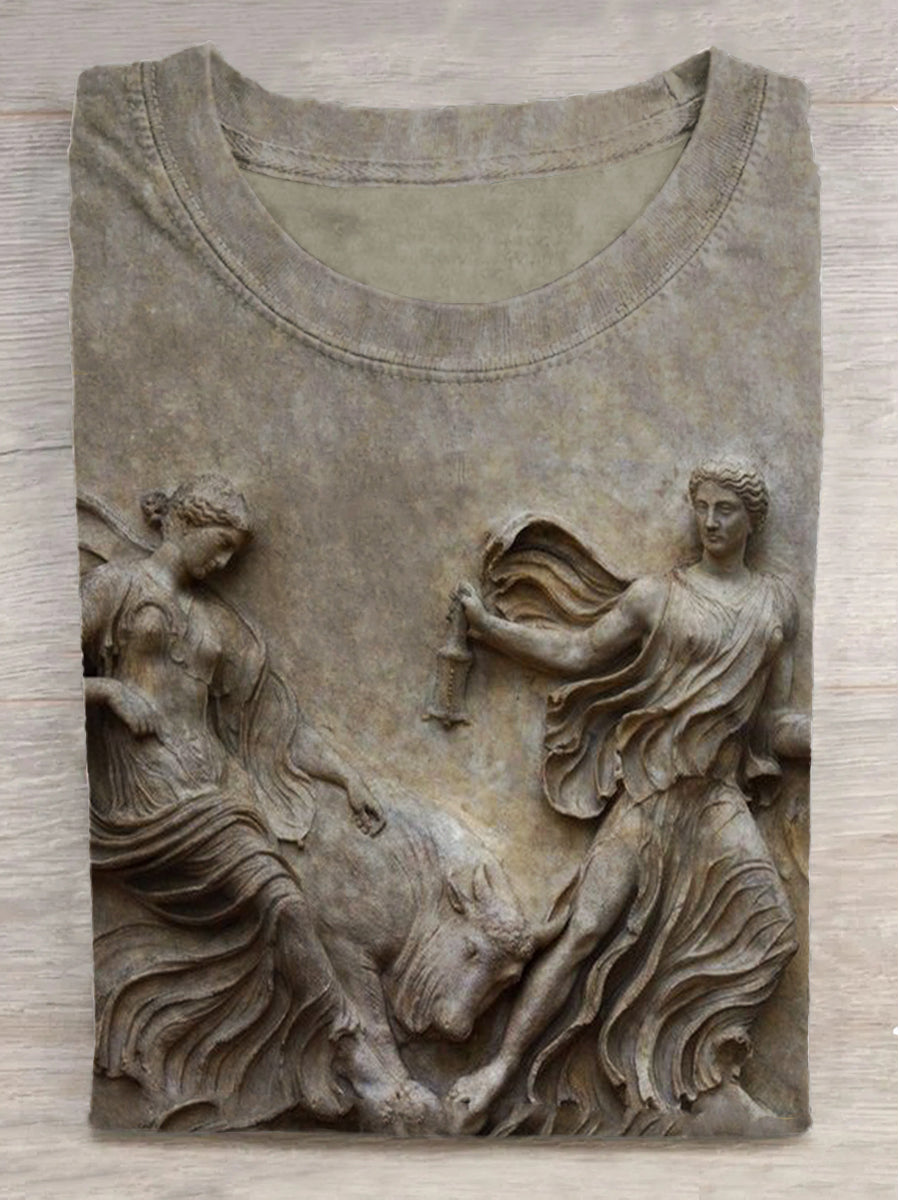 Embossed Beast Bell Print Round Neck Short Sleeve T-Shirt