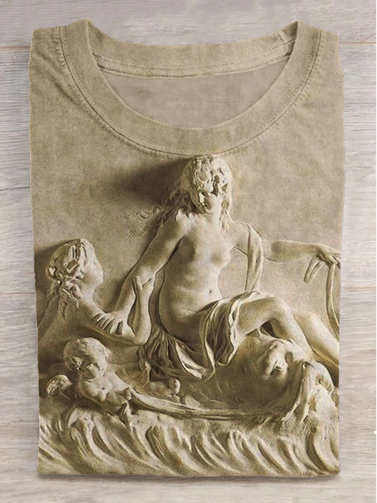 Embossed Goddess Printed Round Neck Short Sleeve T-Shirt