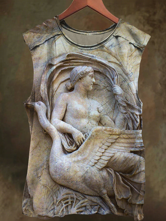 Unisex Goddess and White Crane Print Casual Cotton Tank Top