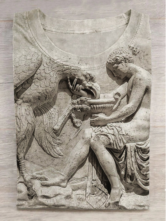 Embossed art print round neck short sleeve T-shirt