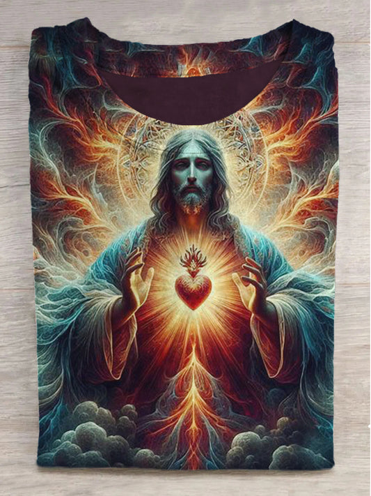 Heart of Jesus Printed Crew Neck Short Sleeve T-Shirt