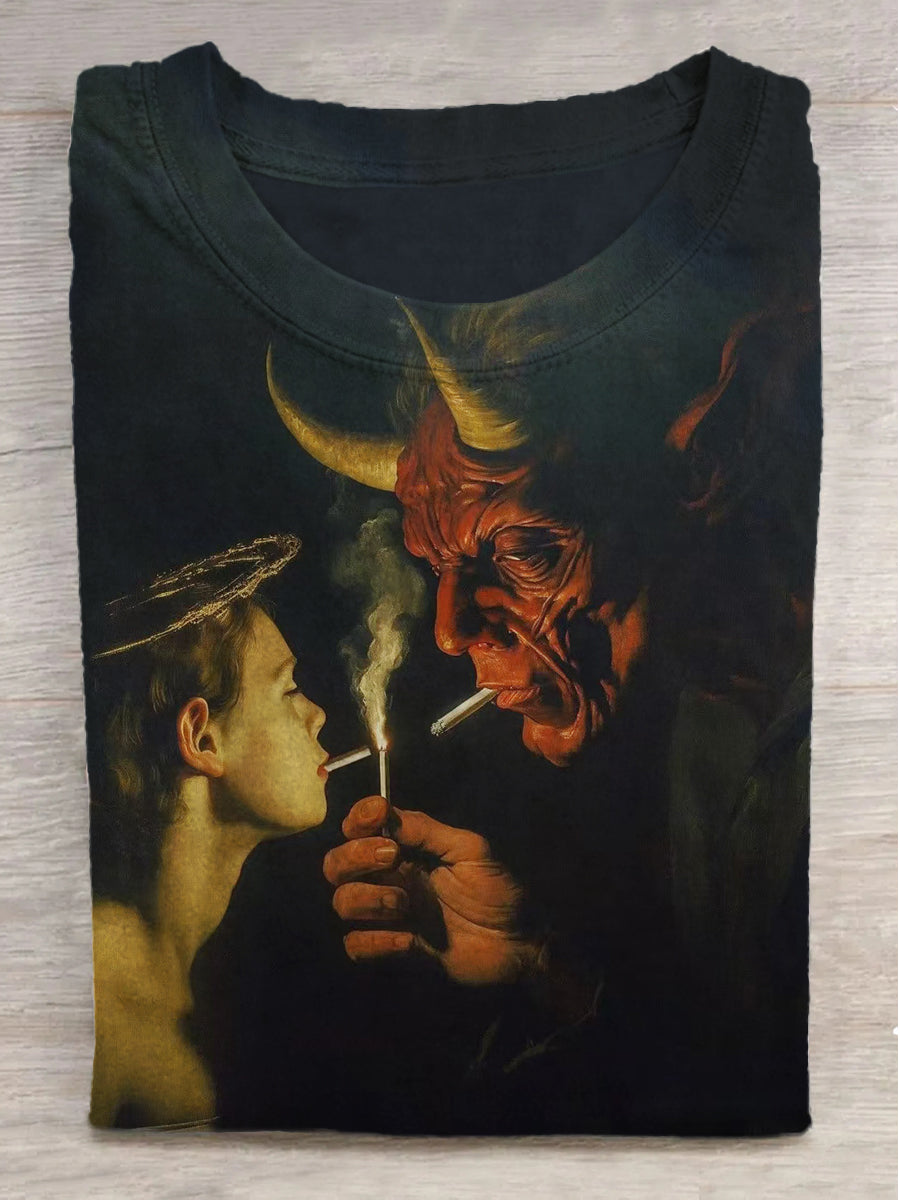 Angel and Beast Printed Round Neck Short Sleeve T-Shirt