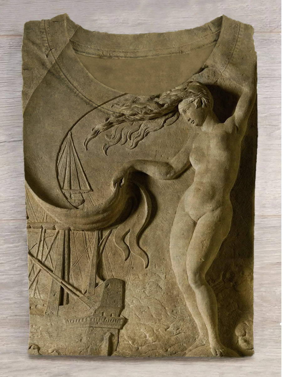 Embossed Woman by the Waves Printed Round Neck Short Sleeve T-Shirt