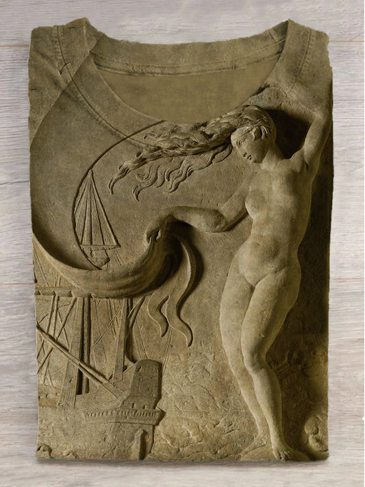 Embossed Woman by the Waves Printed Round Neck Short Sleeve T-Shirt