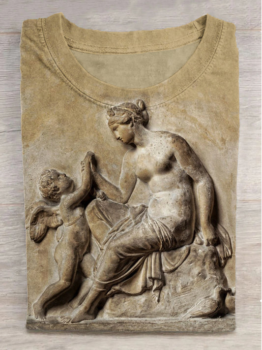 Embossed Woman Art Print Round Neck Short Sleeve T-Shirt