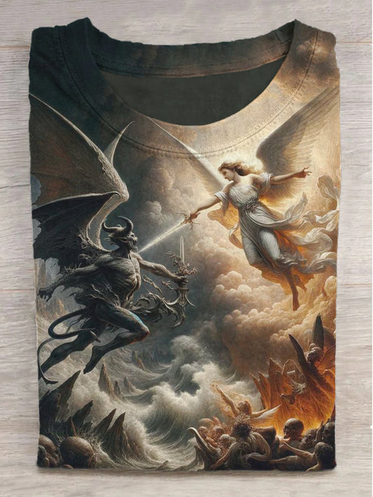 Angel and Devil Print Round Neck Short Sleeve T-Shirt
