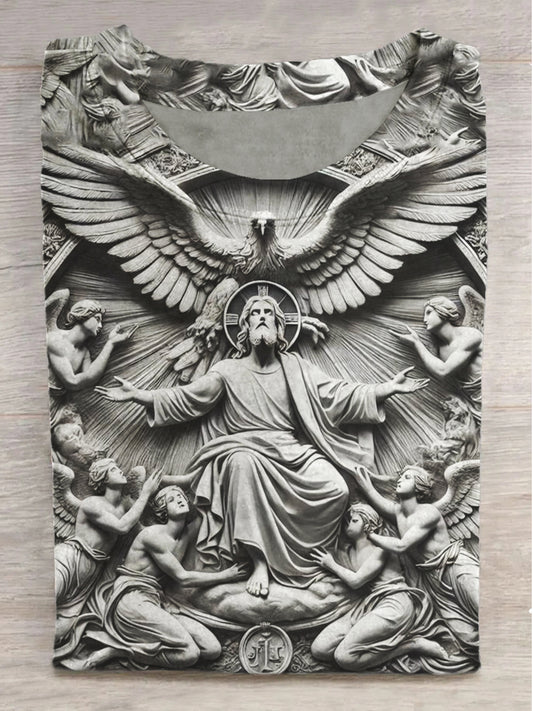 Embossed God and Eagle Art Print Round Neck Short Sleeve T-Shirt